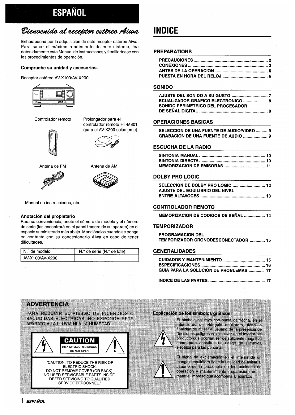 Español, Compruebe su unidad y accesorios, Anotación dei propietario | Advertencia, Explicación de los símbolos gráficos, Indice, E^oi€(i¿cca> e^tén^/4u | Aiwa AV-X200 User Manual | Page 20 / 56