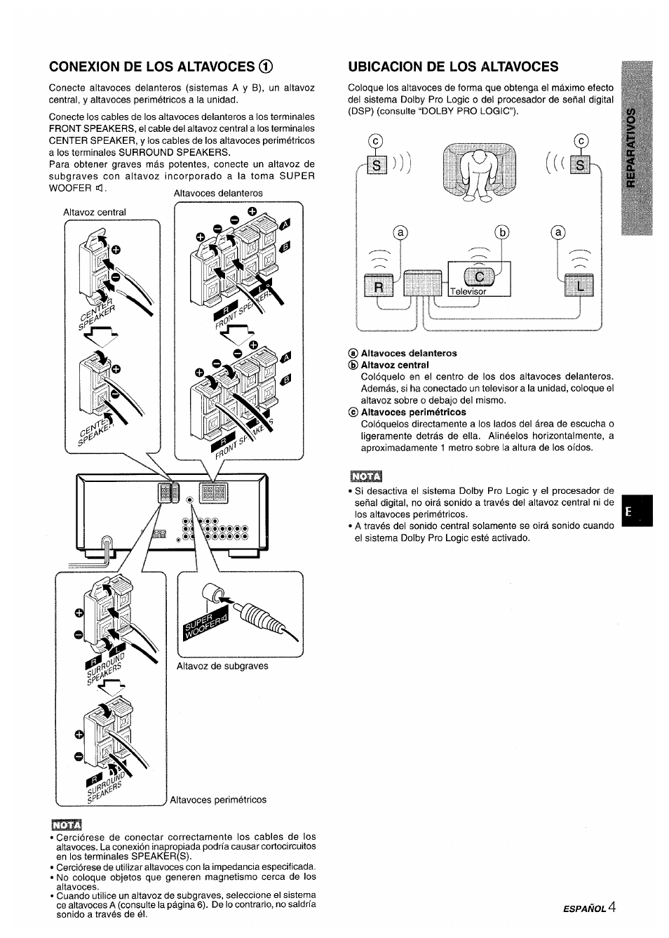 Conexion de los altavoces, Ubicacion de los altavoces, I) altavoces delanteros ® altavoz central | Aiwa AV-X200 User Manual | Page 23 / 56