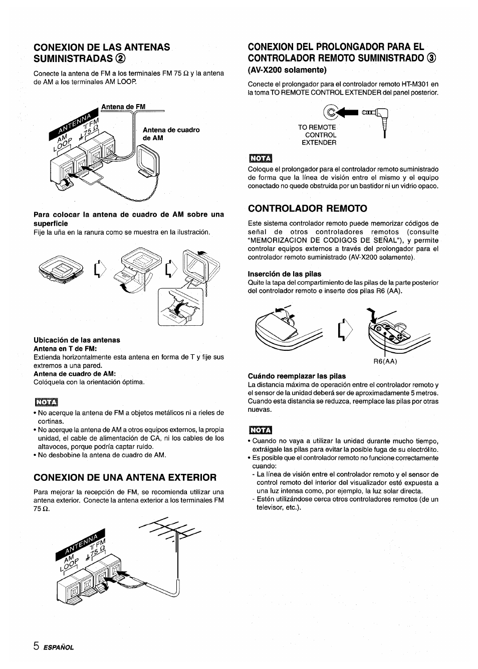 Conexion de las antenas suministradas (2), Ubicación de ias antenas antena en t de fm, Conexion de una antena exterior | Av-x200 solamente), Controlador remoto, Inserción de las pilas, Cuándo reemplazar las pilas | Aiwa AV-X200 User Manual | Page 24 / 56