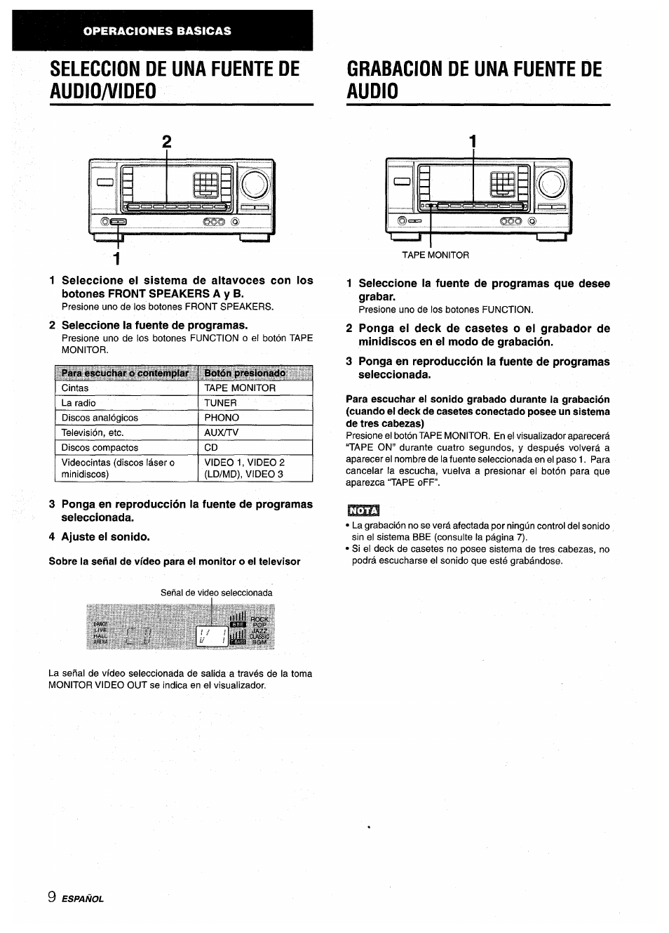 Seleccion de una fuente de audio/video, Grabacion de una fuente de audio | Aiwa AV-X200 User Manual | Page 28 / 56