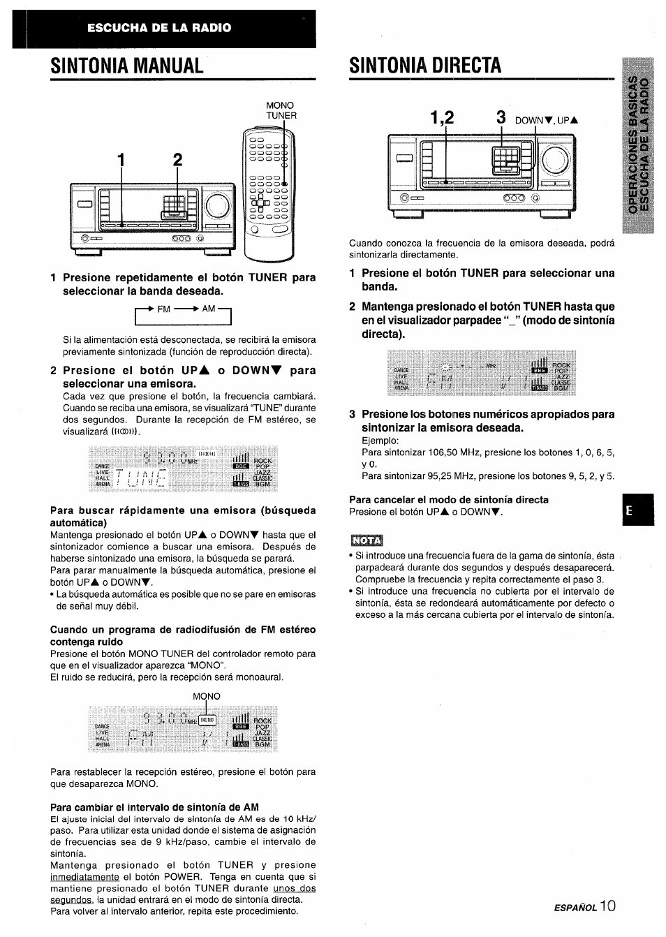 Sintonia manual, Sintonia directa, Para cancelar el modo de sintonía directa | Para cambiar el intervalo de sintonía de am, Sintonia manual sintonia directa, Escucha de la radio | Aiwa AV-X200 User Manual | Page 29 / 56