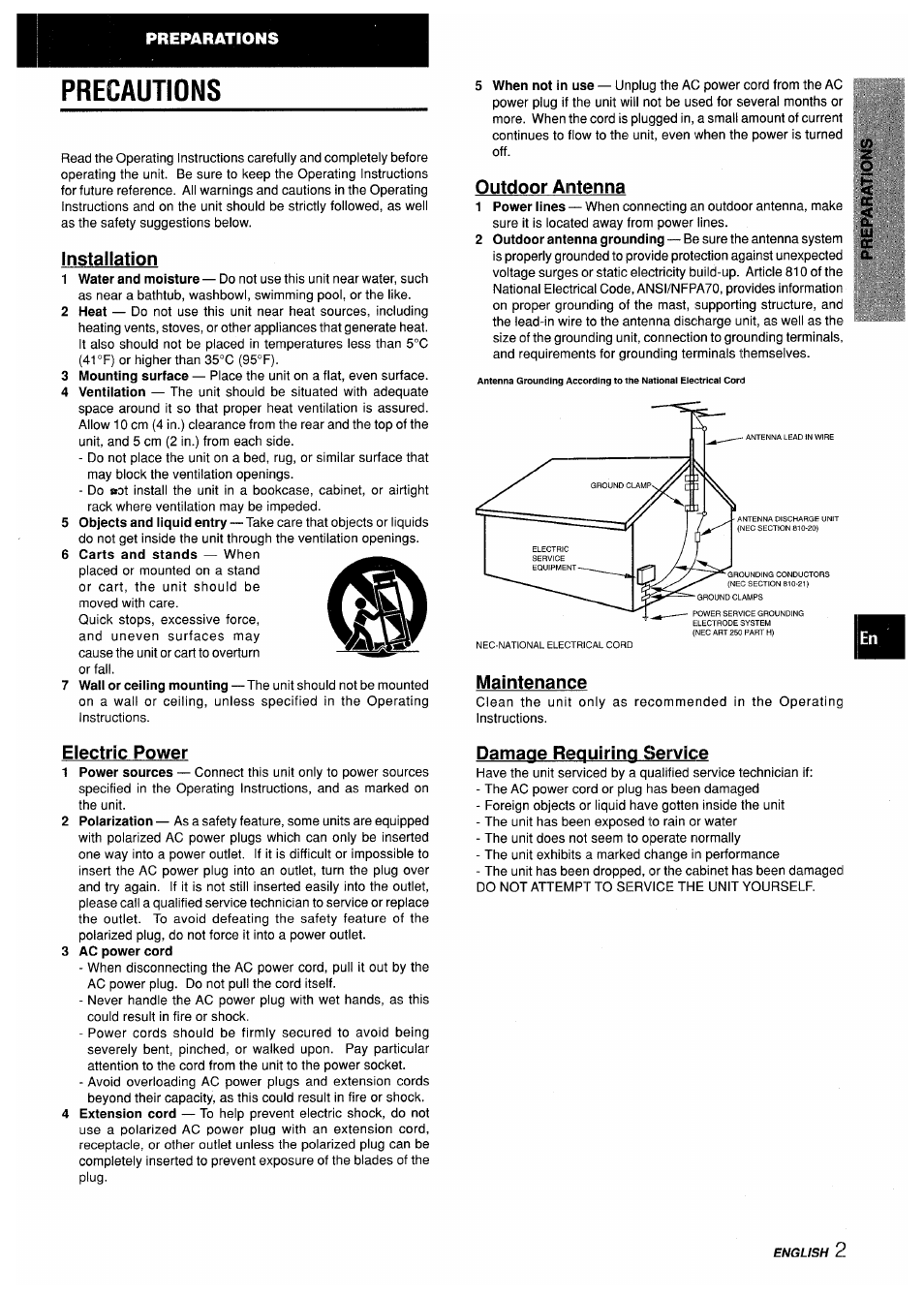 Precautions, Installation, Outdoor aintenna | Maintenance, Eiectric power, 3 ac power cord, Damage requiring service | Aiwa AV-X200 User Manual | Page 3 / 56