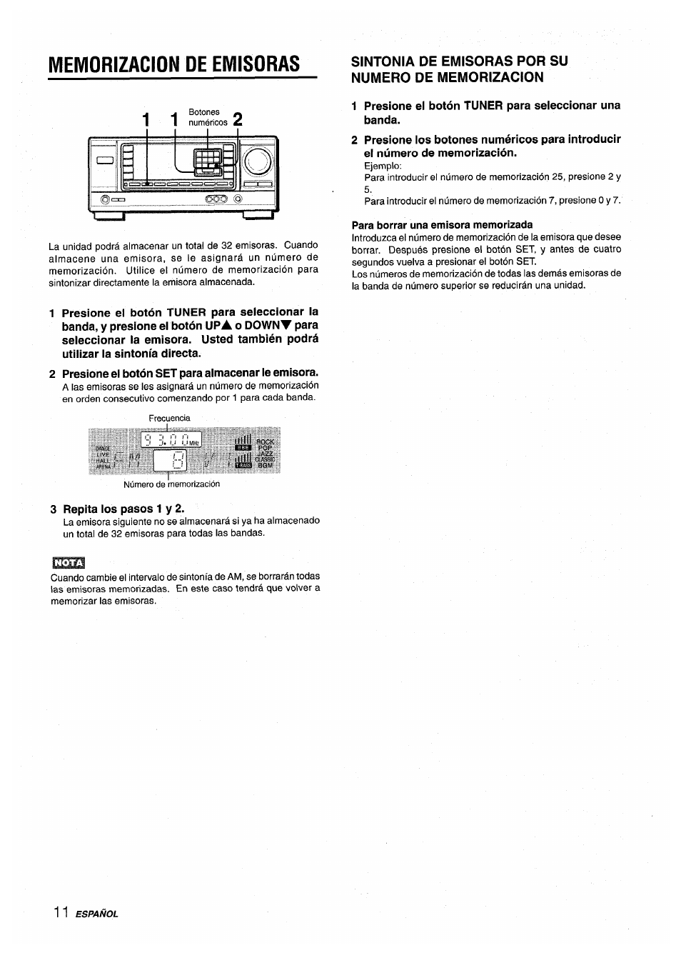 Memorizacion de emisoras, Sintonia de emisoras por su numero de memorizacion | Aiwa AV-X200 User Manual | Page 30 / 56