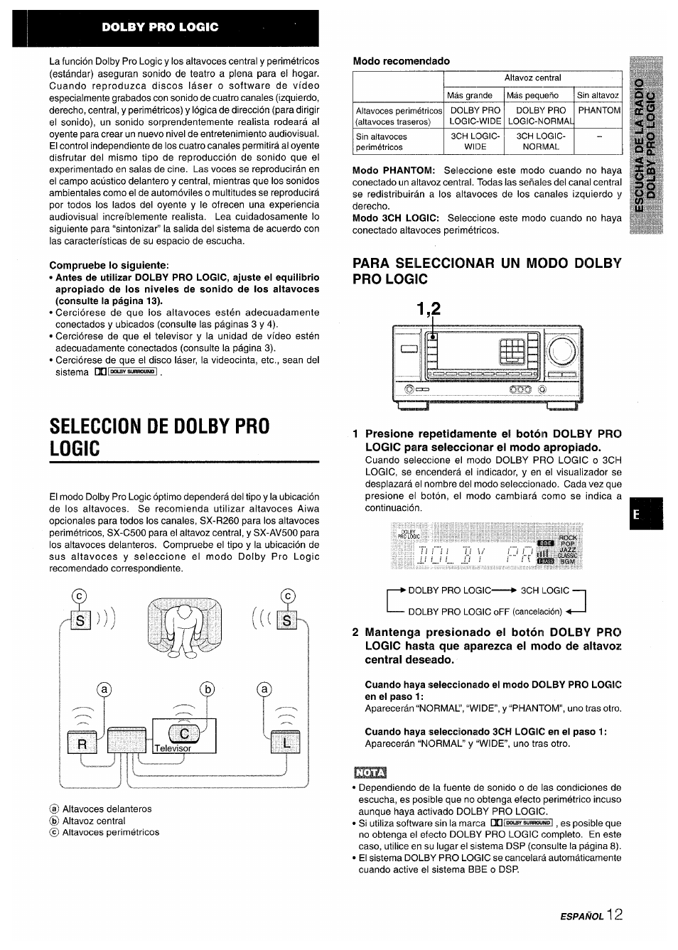 Compruebe lo siguiente, Seleccion de dolby pro logic, Para seleccionar un modo dolby pro logic | Cuando haya seleccionado 3ch logic en el paso 1, I|c:rr h — qi-if-1!----- зстзггттстгш @1=3 =3 f | Aiwa AV-X200 User Manual | Page 31 / 56