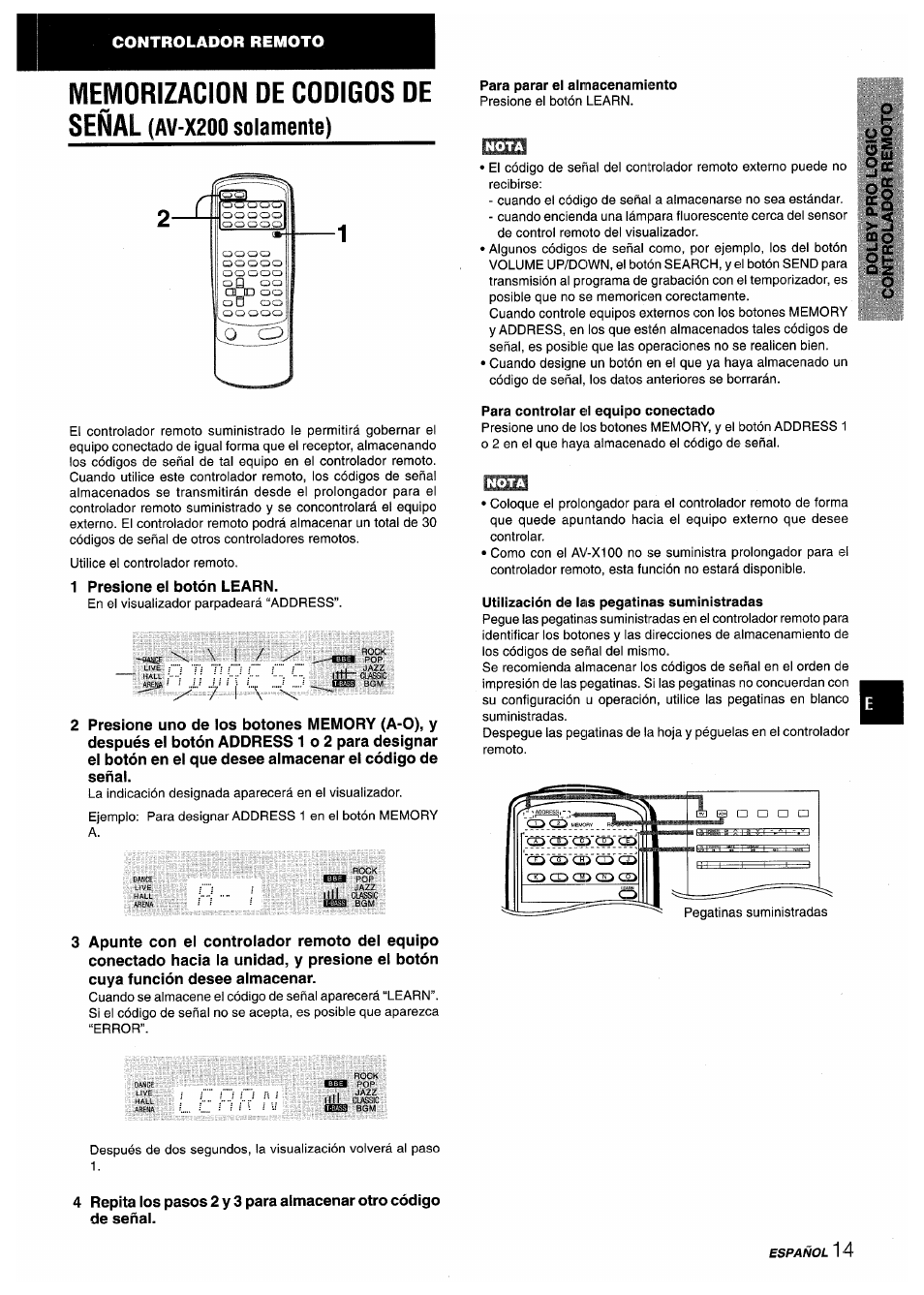 Para parar el almacenamiento, Para controlar el equipo conectado, Utilización de ias pegatinas suministradas | Av-x200 solamente) | Aiwa AV-X200 User Manual | Page 33 / 56