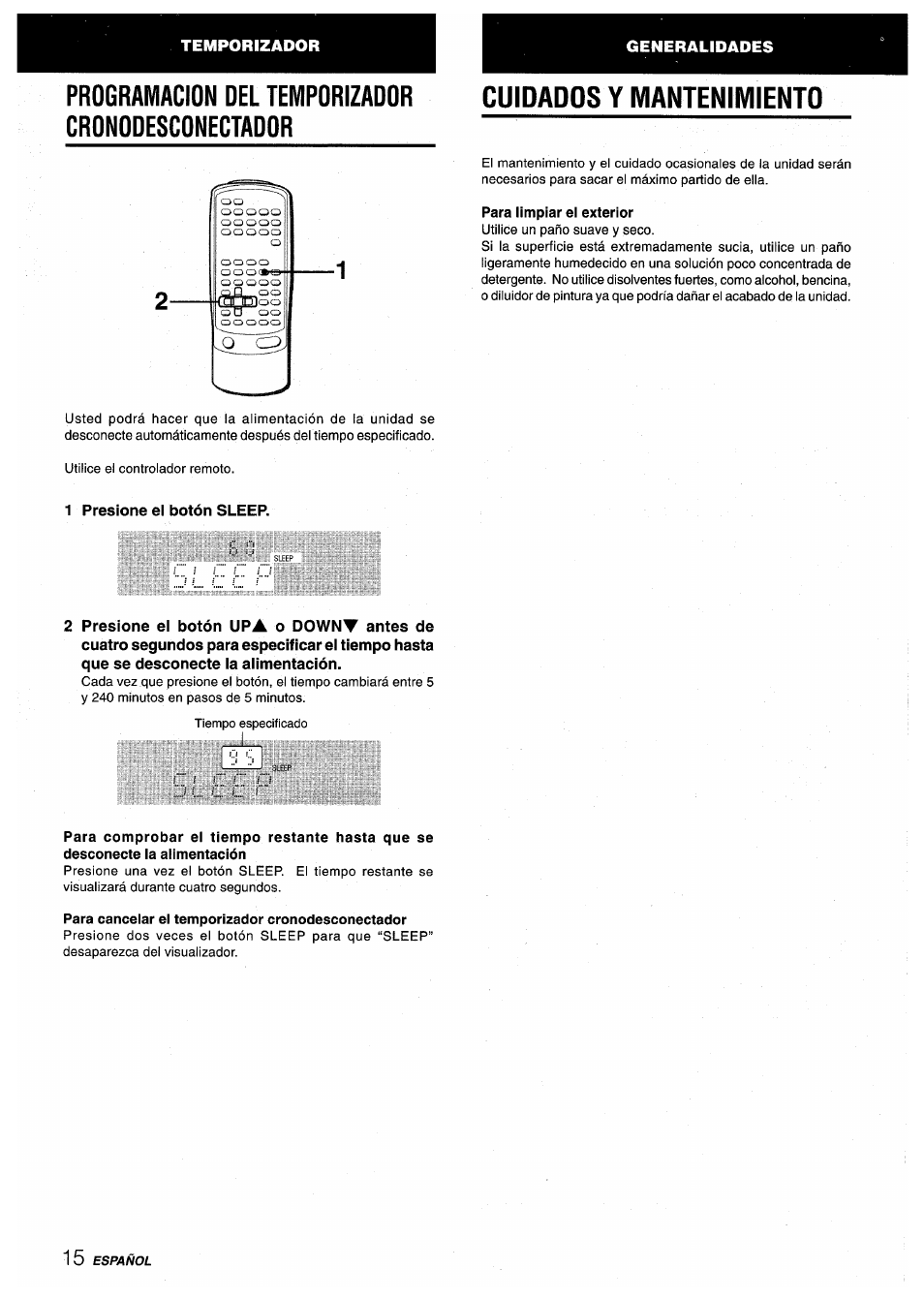 Programacion oel temporizador cronodesconectador, Cuidados y mantenimiento, 1 presione el botón sleep | Aiwa AV-X200 User Manual | Page 34 / 56