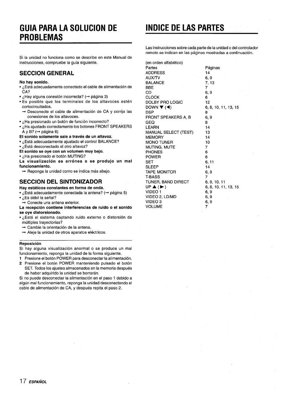 Guia para la solucion de probleivias, Seccion general, No hay sonido | Seccion del sintonizador, Reposición, Guia para la solucion de problemas, Indice de las partes | Aiwa AV-X200 User Manual | Page 36 / 56