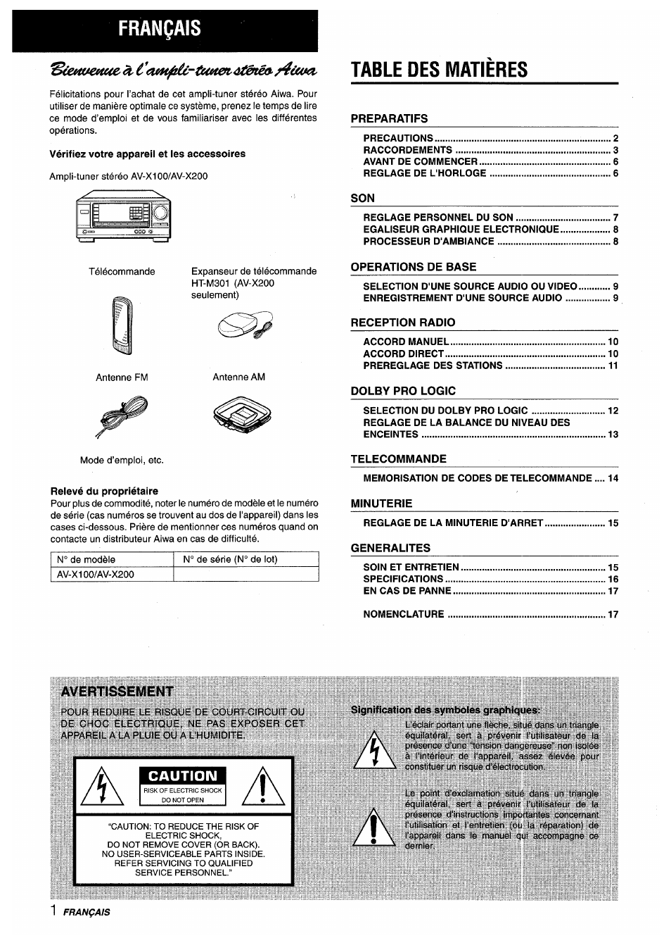 Français, Avertissement, Table des iviatières | Ste^e^eà^i'a»h^-tcmen>^tënéa^/4c6m | Aiwa AV-X200 User Manual | Page 38 / 56