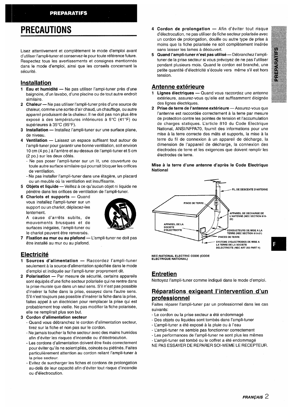 Precautions, Installation, Electricité | 3 cordon d’alimentation secteur, Antenne extérieure, Entretien | Aiwa AV-X200 User Manual | Page 39 / 56