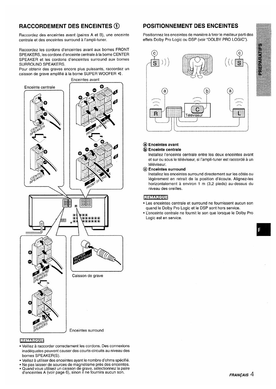 Raccordement des enceintes, Positionnement des enceintes, A) enceintes avant ® enceinte centraie | Aiwa AV-X200 User Manual | Page 41 / 56