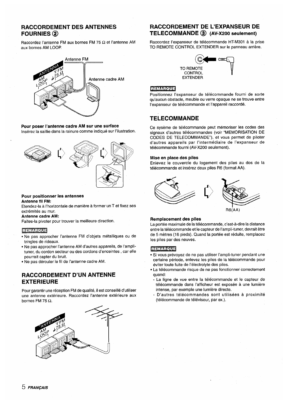 Raccordement des antennes fournies (g), Raccordement d’un antenne exterieure, Telecommande | Seulement), Raccordement de l'expanseur de telecommande | Aiwa AV-X200 User Manual | Page 42 / 56