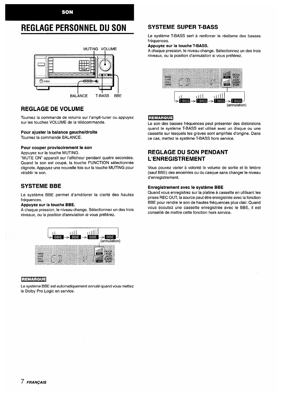 Reglage personnel du son, Reglage de volume, Systeme super t-bass | Systeme bbe, Reglage du son pendant l'enregistrement, Reglage de volume systeme super t-bass | Aiwa AV-X200 User Manual | Page 44 / 56