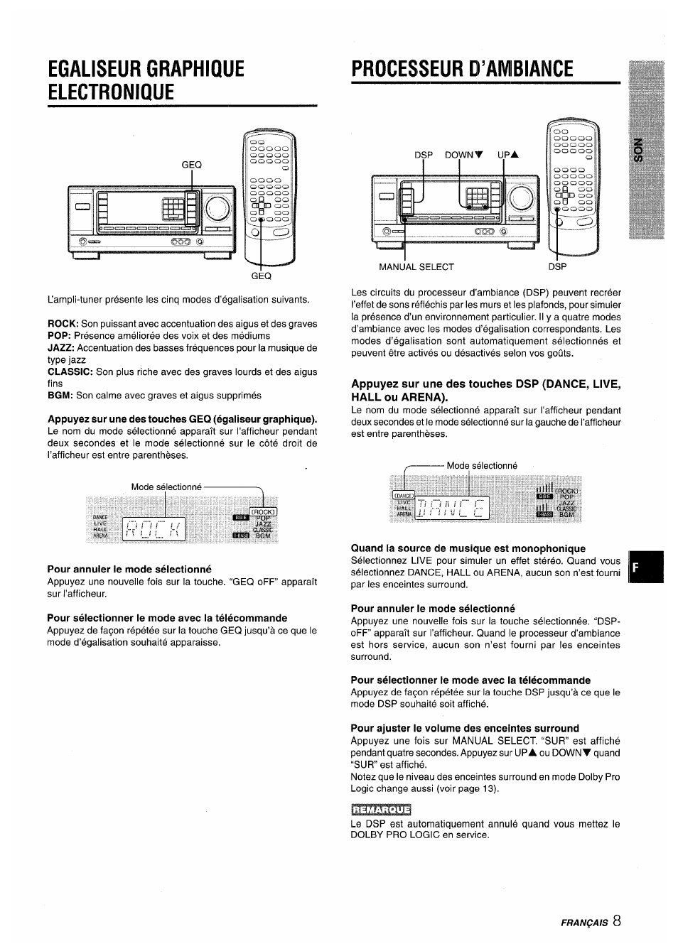 Egaliseur graphique electronique, Processeur d’ambiance, Pour annuler le mode sélectionné | Pour sélectionner le mode avec la télécommande, Quand la source de musique est monophonique, Pour ajuster le volume des enceintes surround | Aiwa AV-X200 User Manual | Page 45 / 56