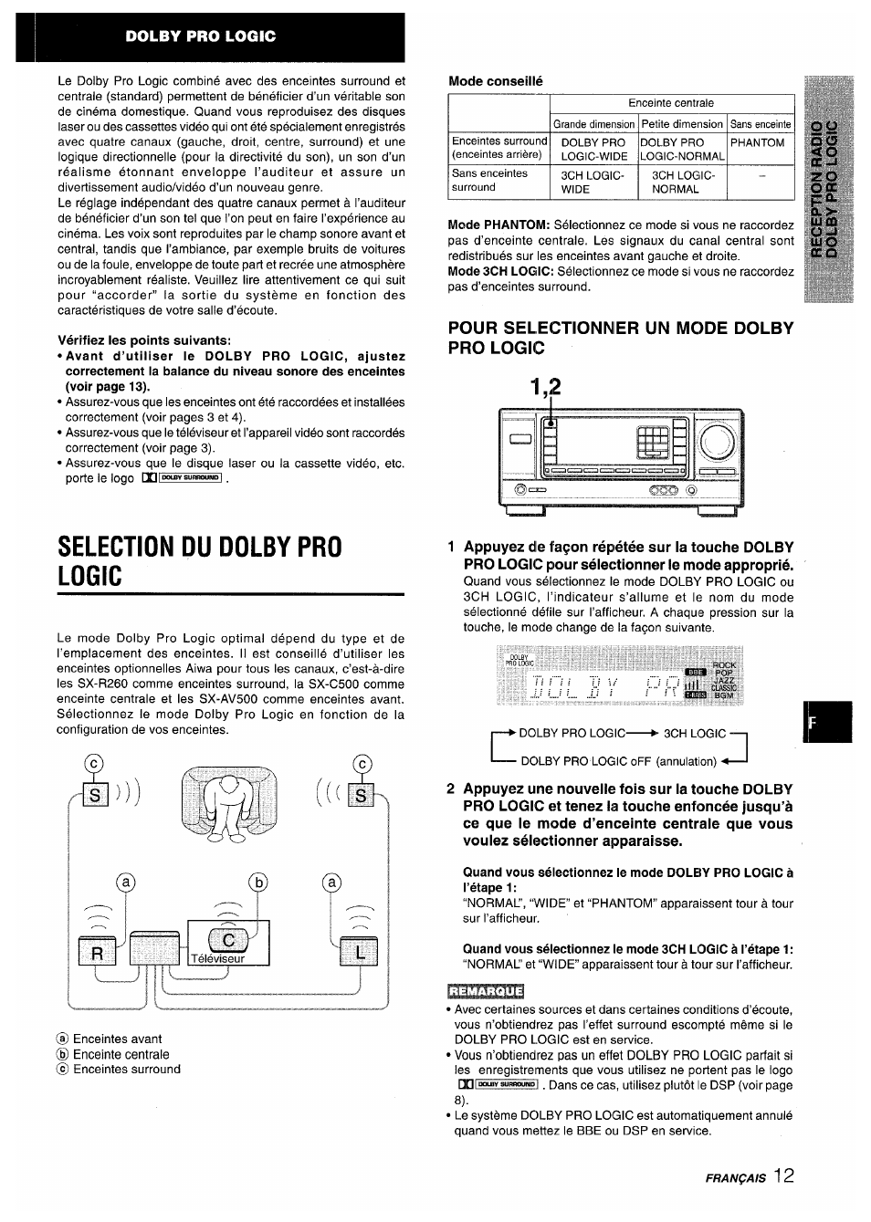 Vérifiez ies points suivants, Pour selectionner un mode dolby pro logic, Selection du dolby pro logic | Aiwa AV-X200 User Manual | Page 49 / 56