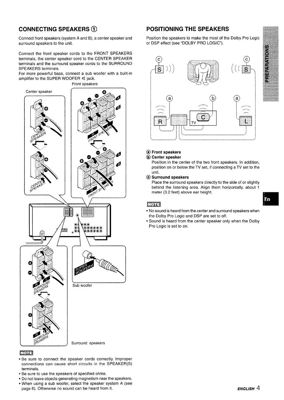 Connecting speakers 0, Positioning the speakers, A) front speakers (g) center speaker | Connecting speakers 0 positioning the speakers | Aiwa AV-X200 User Manual | Page 5 / 56