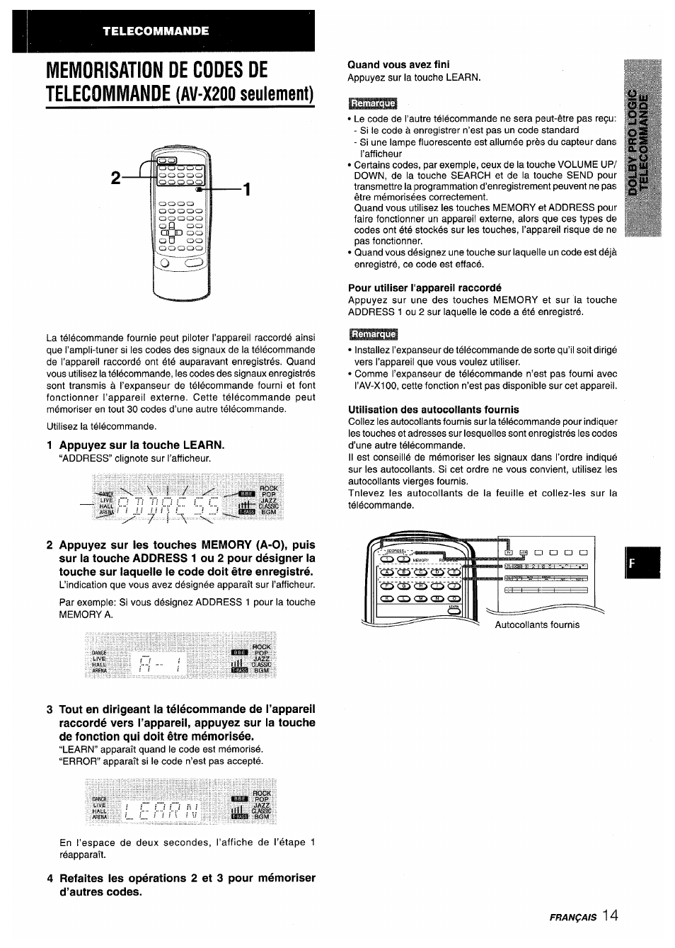 Quand vous avez fini, Pour utiliser l'appareil raccordé, Utilisation des autocoilants fournis | Telecommande, 1 appuyez sur ia touche learn | Aiwa AV-X200 User Manual | Page 51 / 56