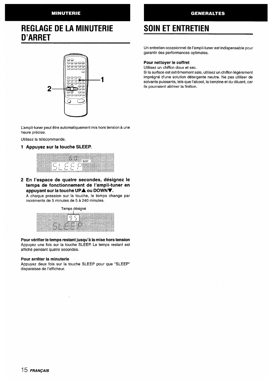 Reglage de la minuterie d’arret, Pour nettoyer le coffret, 1 appuyez sur la touche sleep | Pour arrêter ta minuterie, Reglage de la minuterie d'arret, Reglage de la minuterie d’arret soin et entretien, Generaltes | Aiwa AV-X200 User Manual | Page 52 / 56