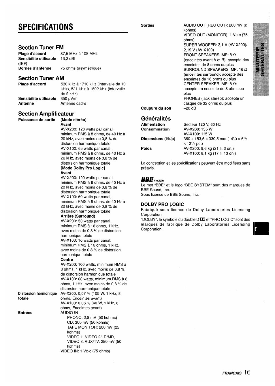 Specifications, Sorties, Section tuner fm | Ihf), Section tuner am, Sensibilité utilisable antenne, Section ampiificateur, Distorsion harmonique totale, Entrées, Avant | Aiwa AV-X200 User Manual | Page 53 / 56