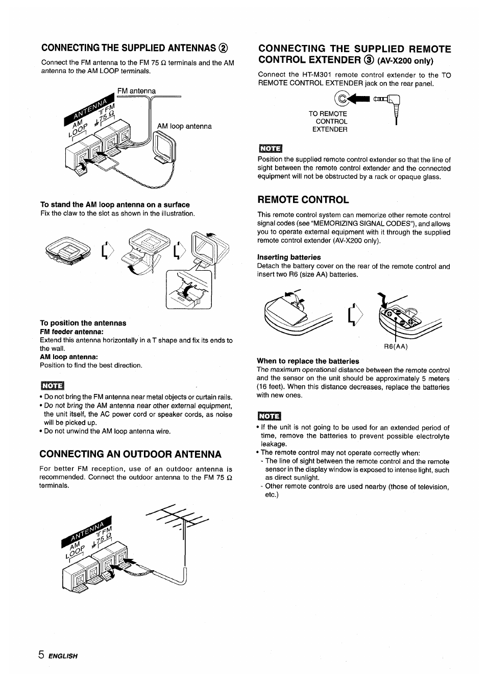 Connecting the supplied antennas (2), Connecting an outdoor antenna, Remote control | Connecting the supplied remote control extender | Aiwa AV-X200 User Manual | Page 6 / 56