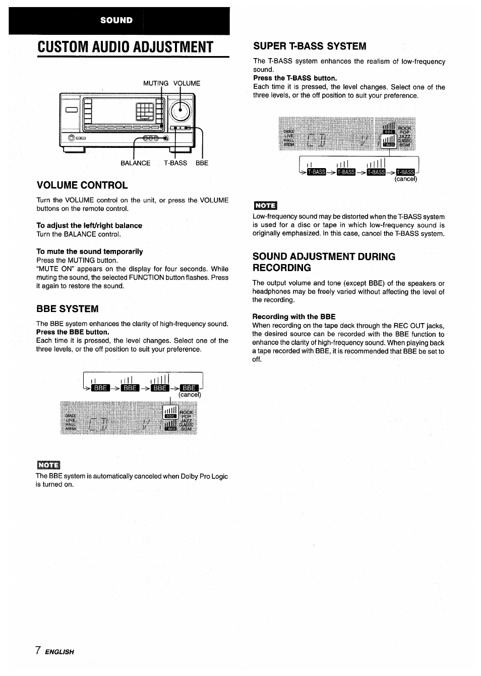 Custom audio adjustment, Volume control, Super t-bass system | Bbe system, Sound adjustment during recording | Aiwa AV-X200 User Manual | Page 8 / 56