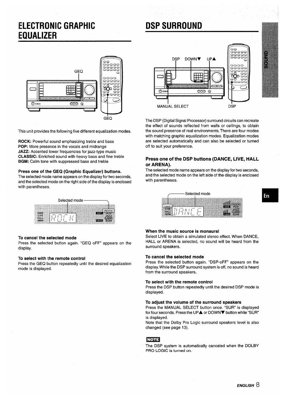 Electronic graphic equalizer, Electronic graphic equalizer dsp surround | Aiwa AV-X200 User Manual | Page 9 / 56