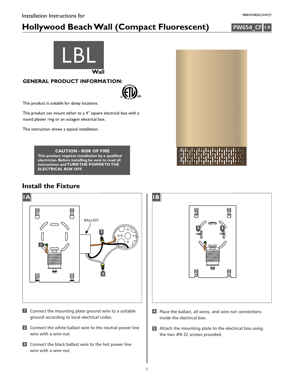 LBL Lighting Hollywood Beach WCF User Manual | 2 pages