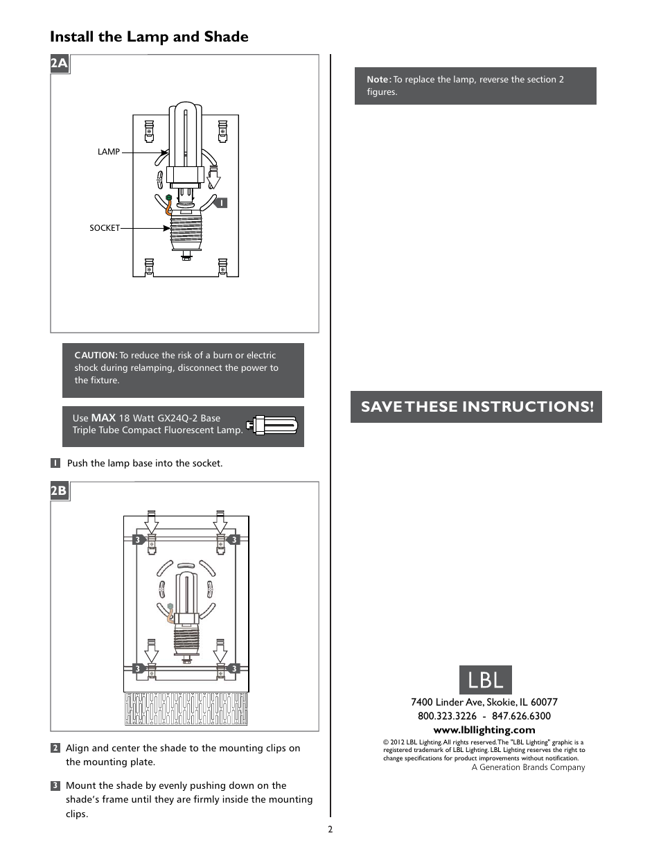 Install the lamp and shade, Save these instructions | LBL Lighting Hollywood Beach WCF User Manual | Page 2 / 2