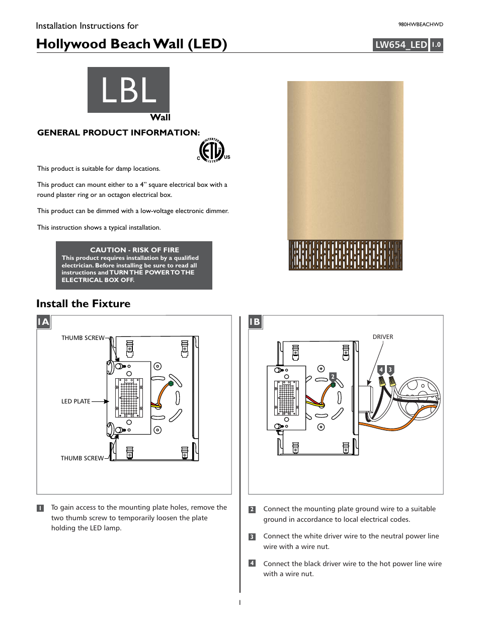 LBL Lighting Hollywood Beach W LED User Manual | 2 pages