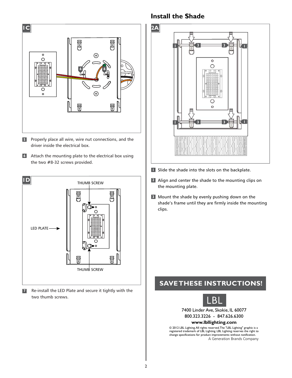 Install the shade, Save these instructions | LBL Lighting Hollywood Beach W LED User Manual | Page 2 / 2