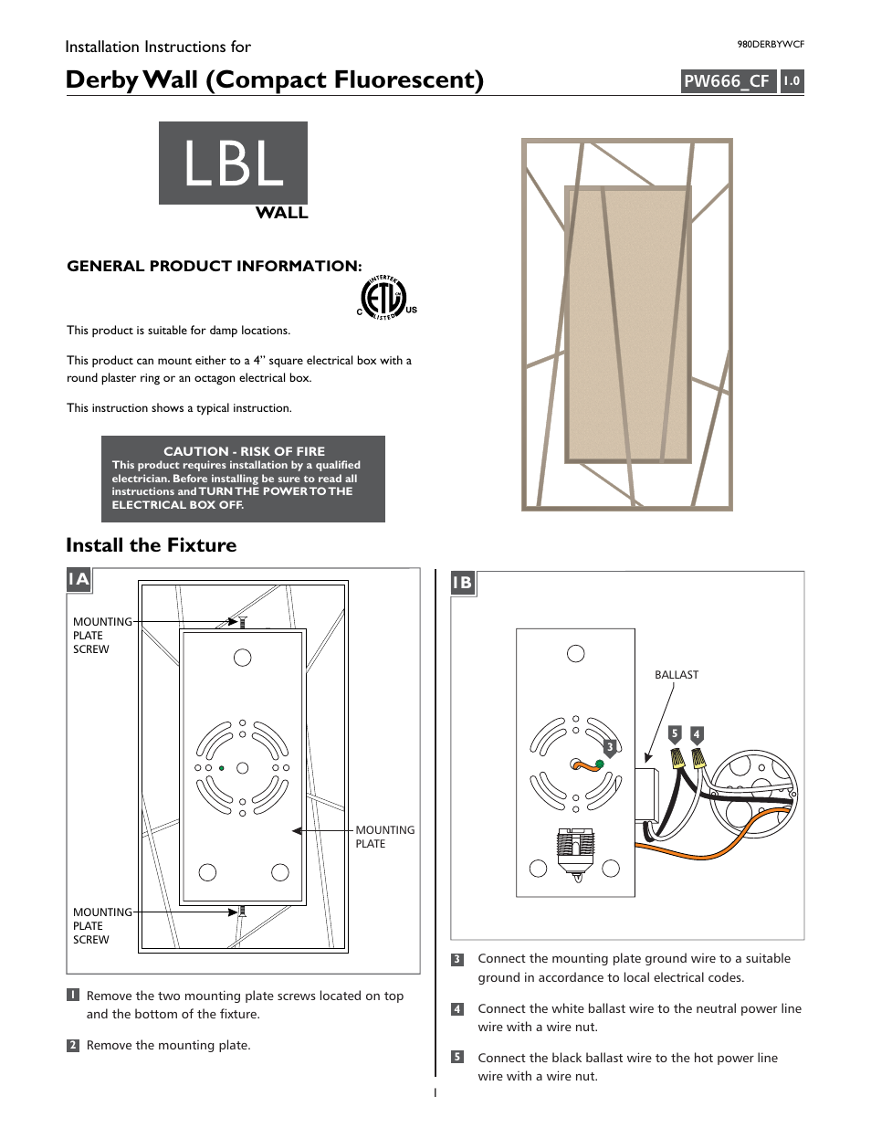 LBL Lighting Derby WCF User Manual | 4 pages