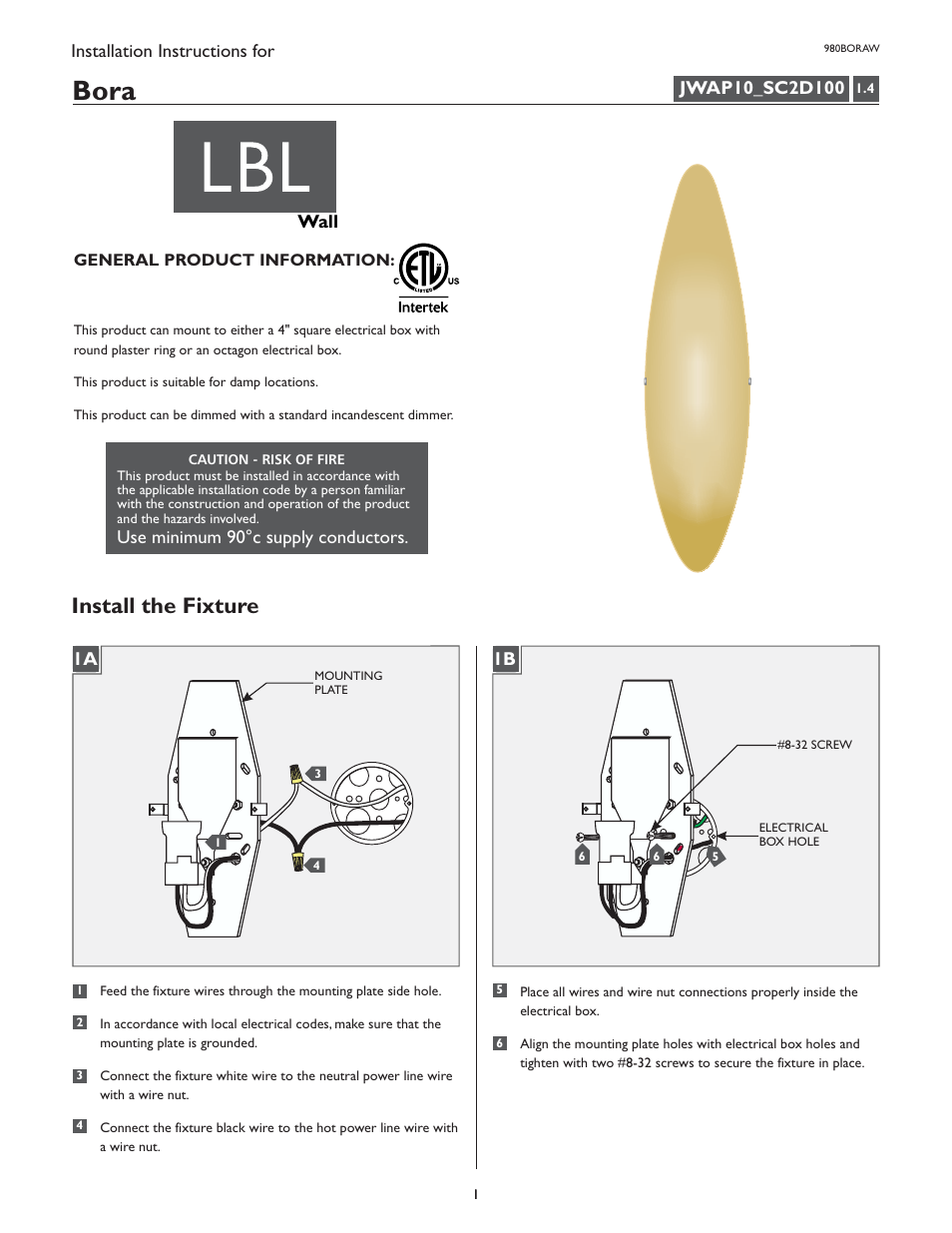 LBL Lighting Bora W User Manual | 2 pages