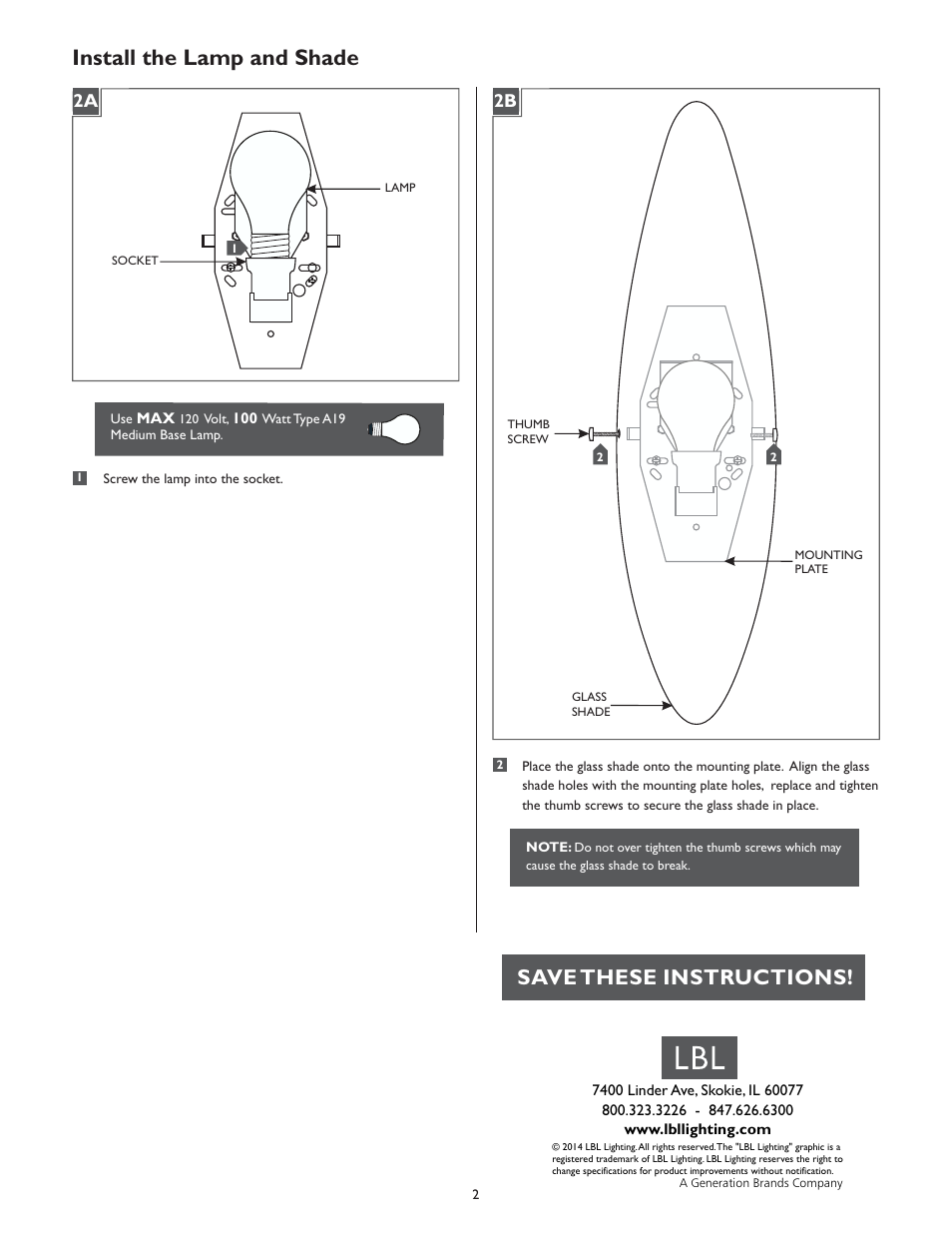 Install the lamp and shade, Save these instructions | LBL Lighting Bora W User Manual | Page 2 / 2