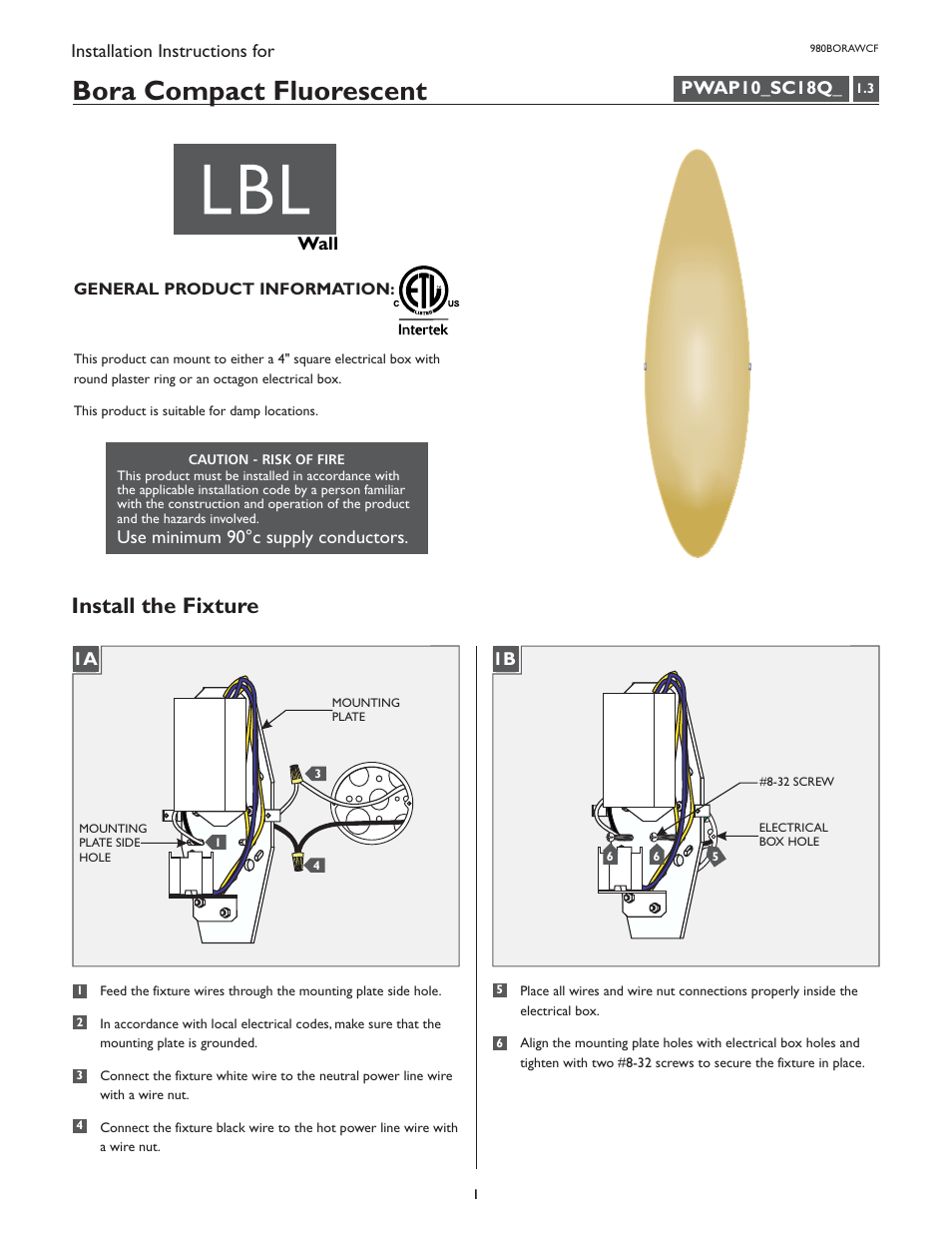 LBL Lighting Bora WCF User Manual | 2 pages