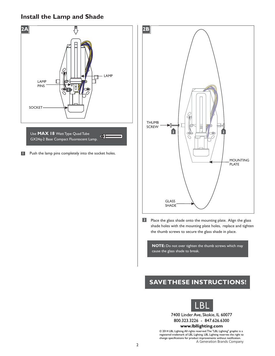 Install the lamp and shade, Save these instructions | LBL Lighting Bora WCF User Manual | Page 2 / 2