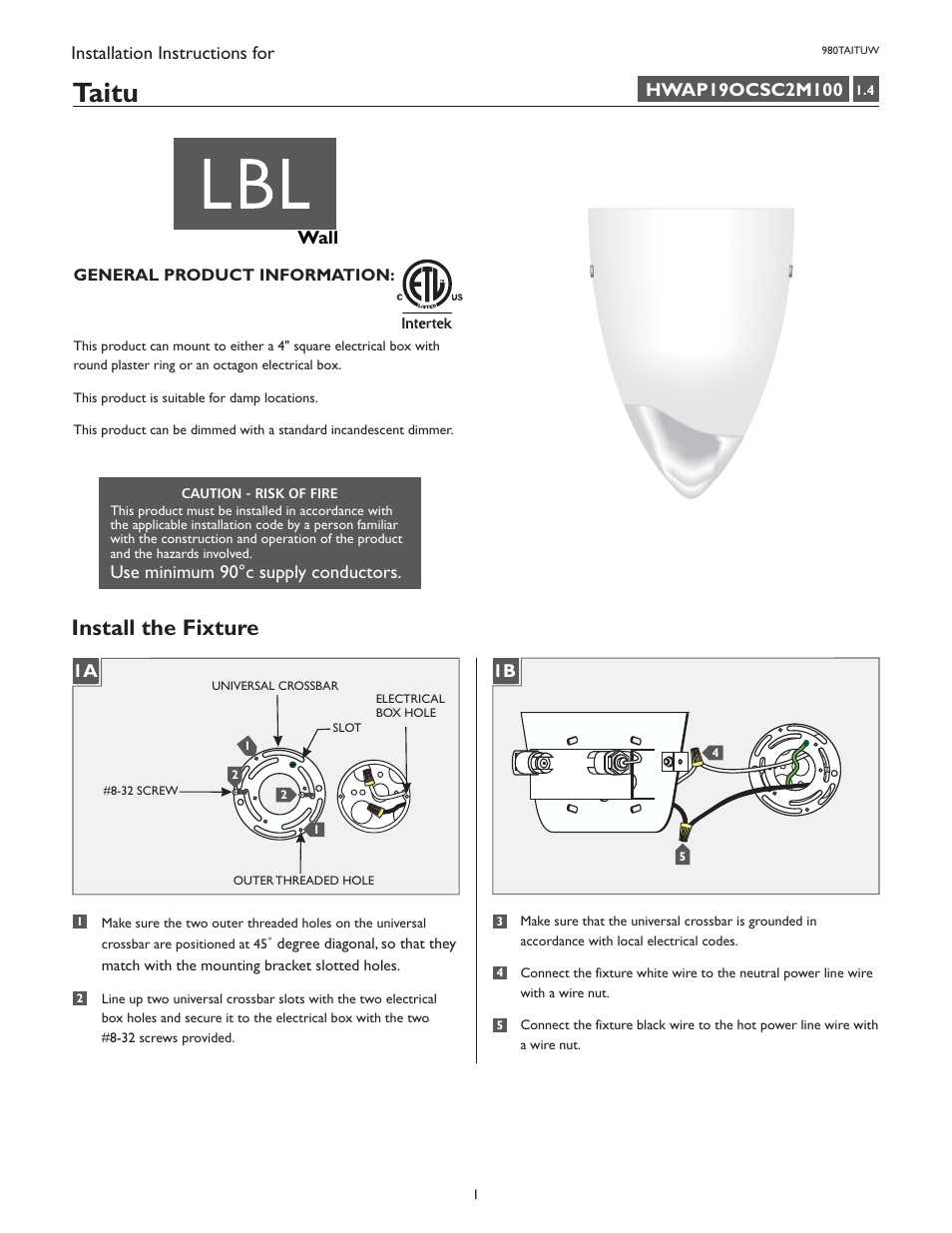 LBL Lighting Taitu W User Manual | 4 pages