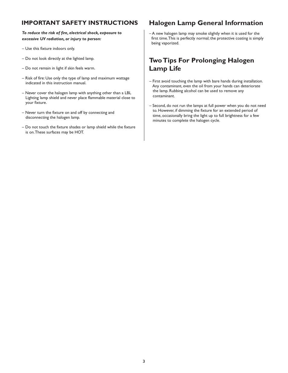 Halogen lamp general information, Two tips for prolonging halogen lamp life, Important safety instructions | LBL Lighting Taitu W User Manual | Page 3 / 4