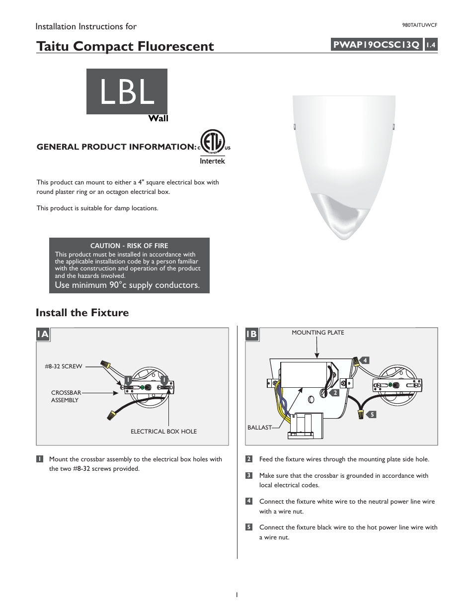 LBL Lighting Taitu WCF User Manual | 2 pages