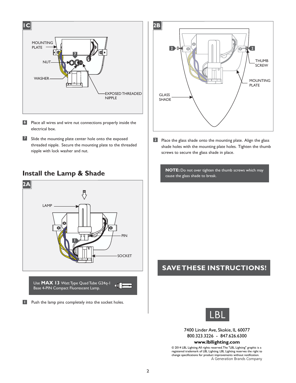 Install the lamp & shade, Save these instructions, 2a 1c | LBL Lighting Taitu WCF User Manual | Page 2 / 2