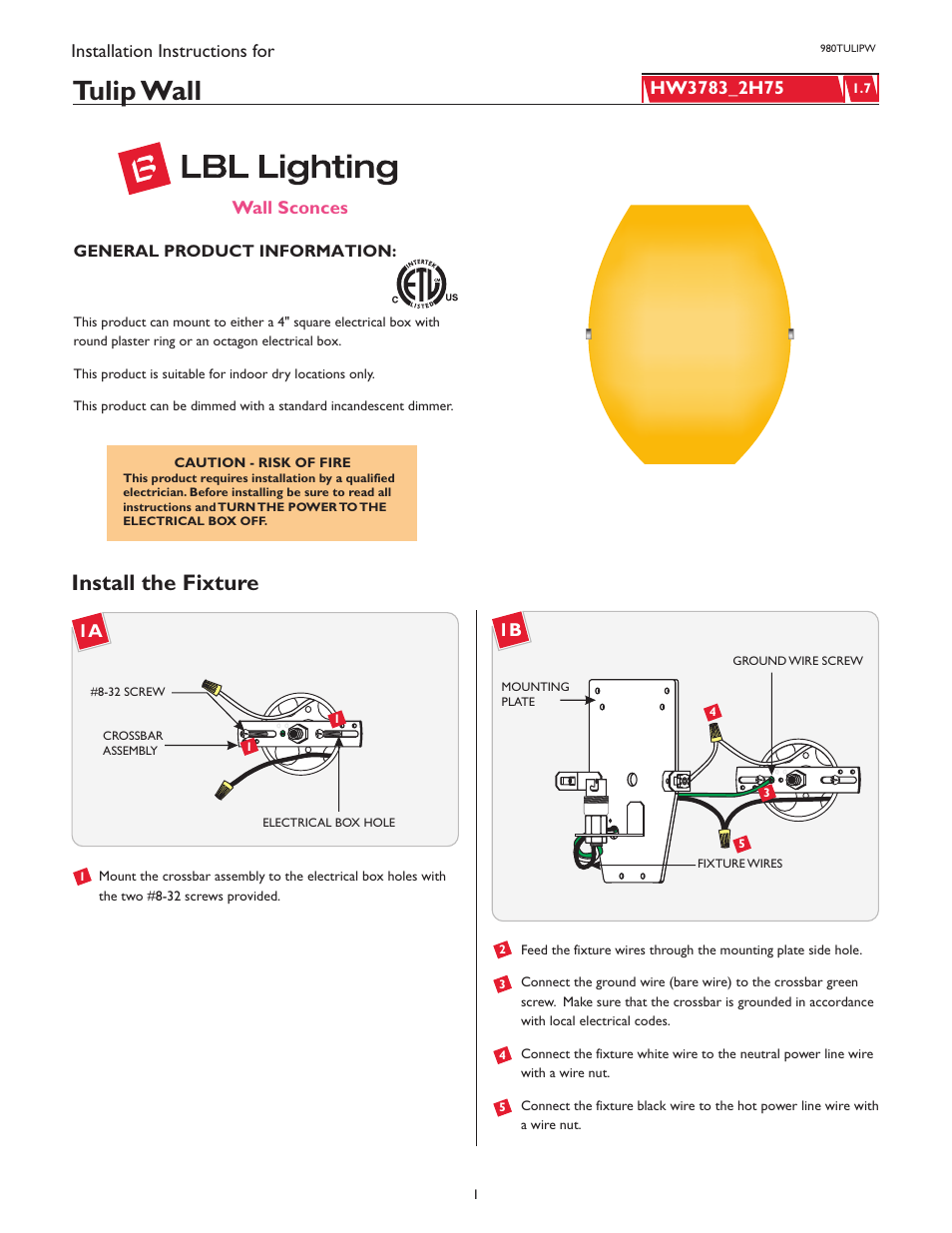 LBL Lighting Tulip W User Manual | 4 pages