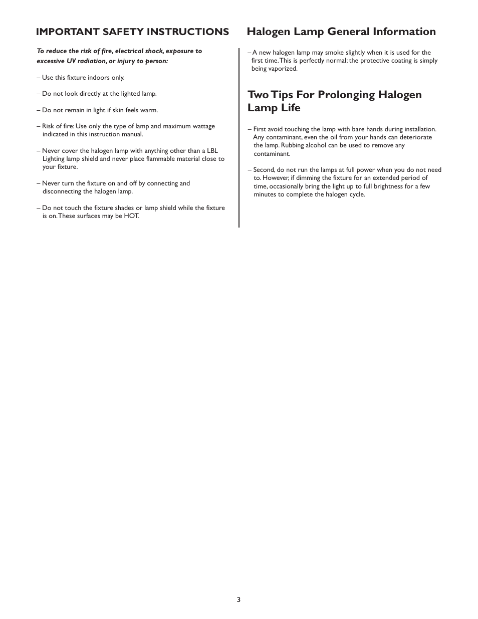 Halogen lamp general information, Two tips for prolonging halogen lamp life, Important safety instructions | LBL Lighting Tulip W User Manual | Page 3 / 4