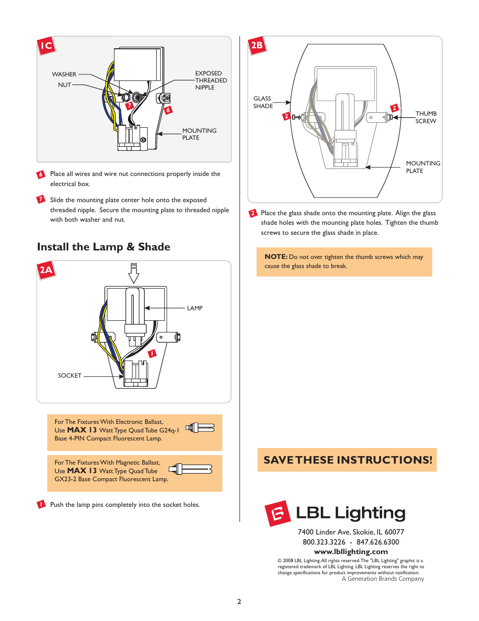 Install the lamp & shade, Save these instructions | LBL Lighting Tulip WCF User Manual | Page 2 / 2