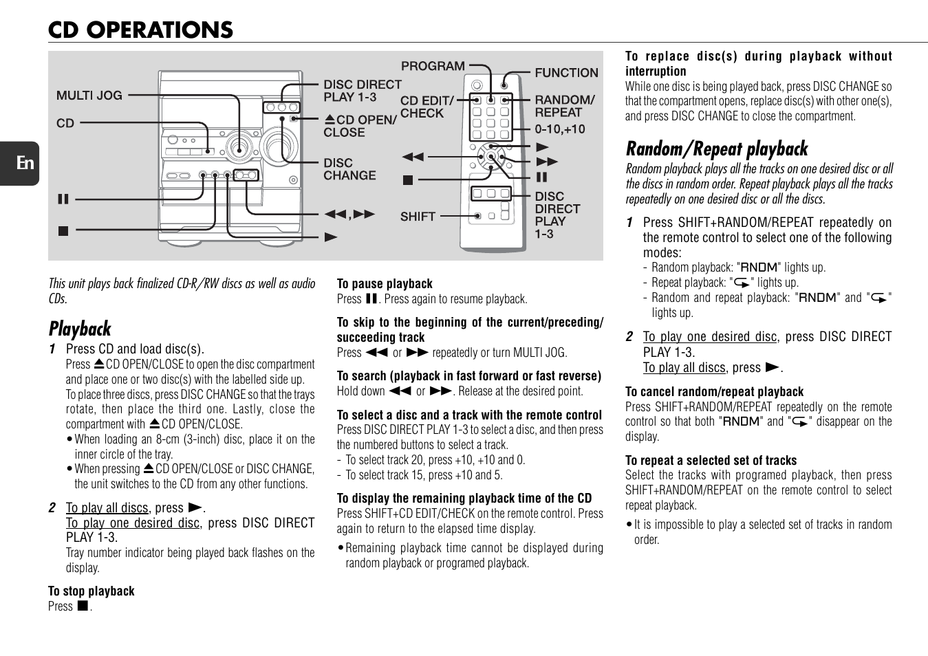 Cd operations, Playback, Random/repeat playback | 10 en | Aiwa NSX-D22 User Manual | Page 10 / 22