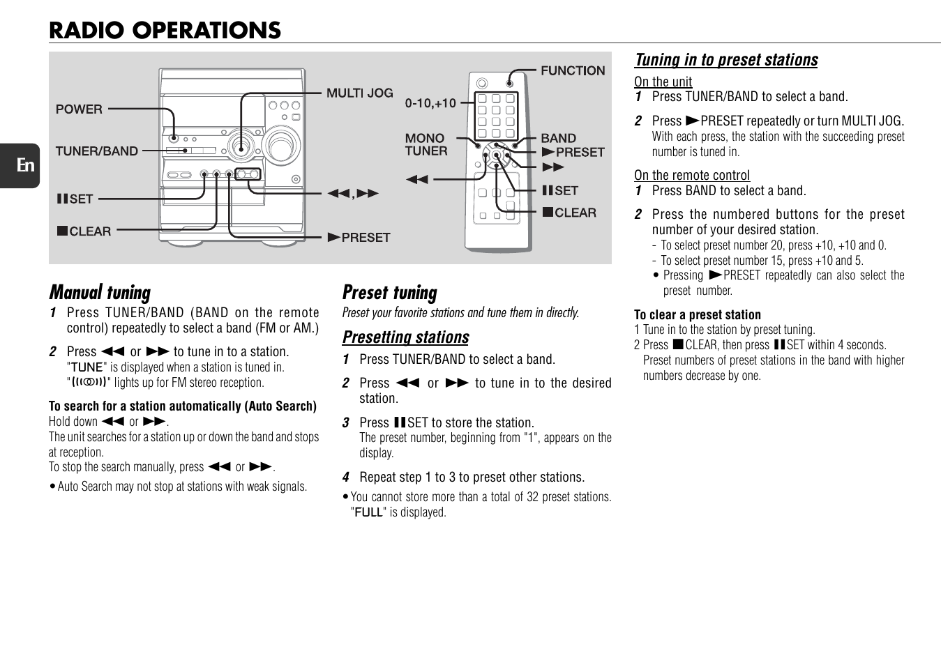 Radio operations, Manual tuning, Preset tuning | 12 en | Aiwa NSX-D22 User Manual | Page 12 / 22