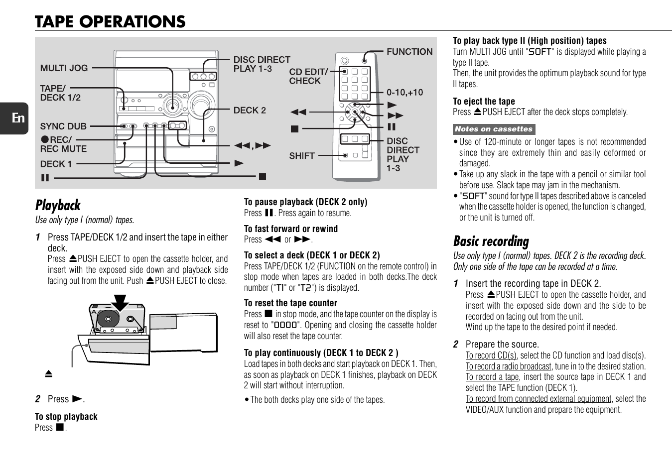 Tape operations, Playback, Basic recording | 14 en | Aiwa NSX-D22 User Manual | Page 14 / 22
