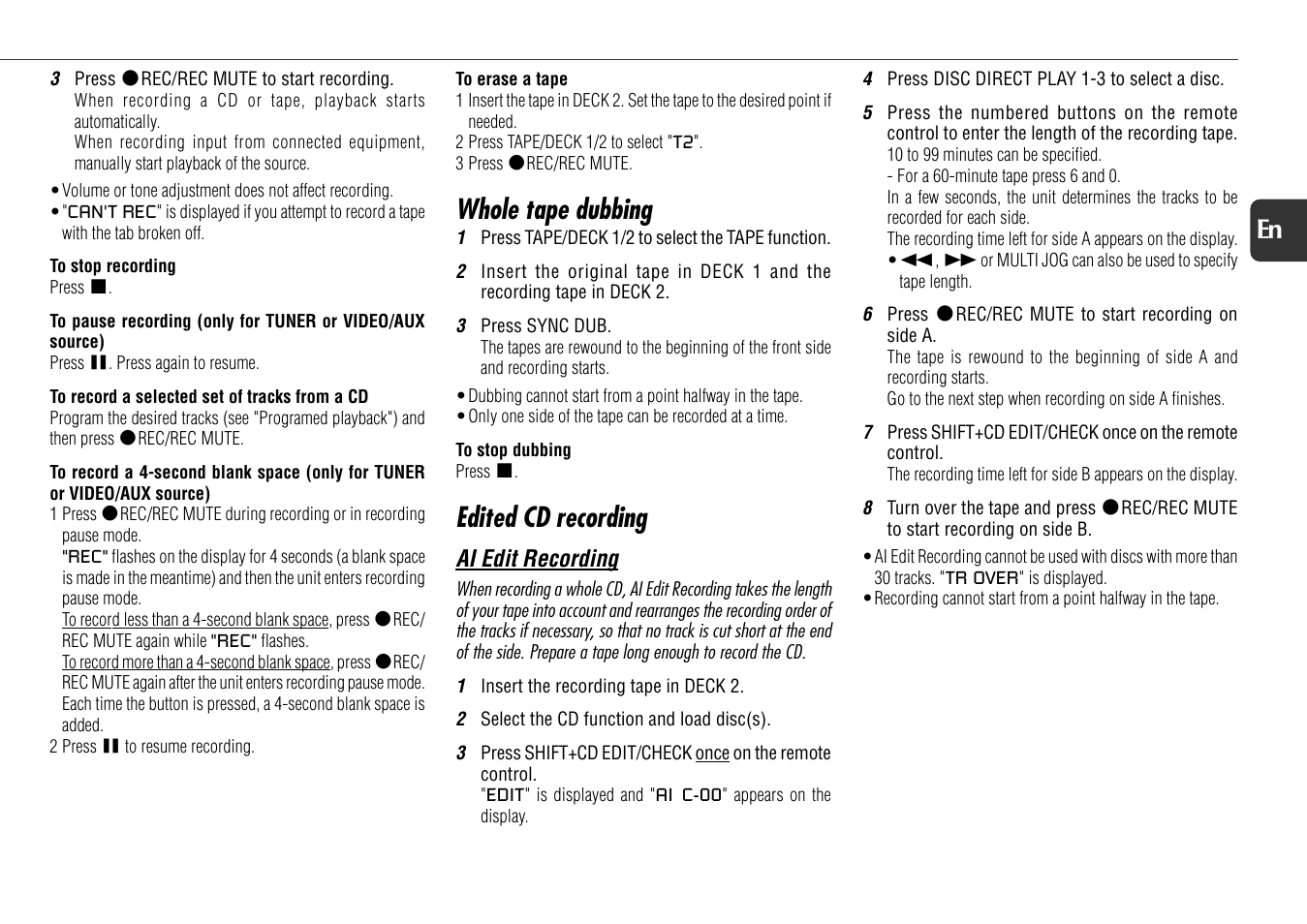 Whole tape dubbing, Edited cd recording, 15 en | Aiwa NSX-D22 User Manual | Page 15 / 22