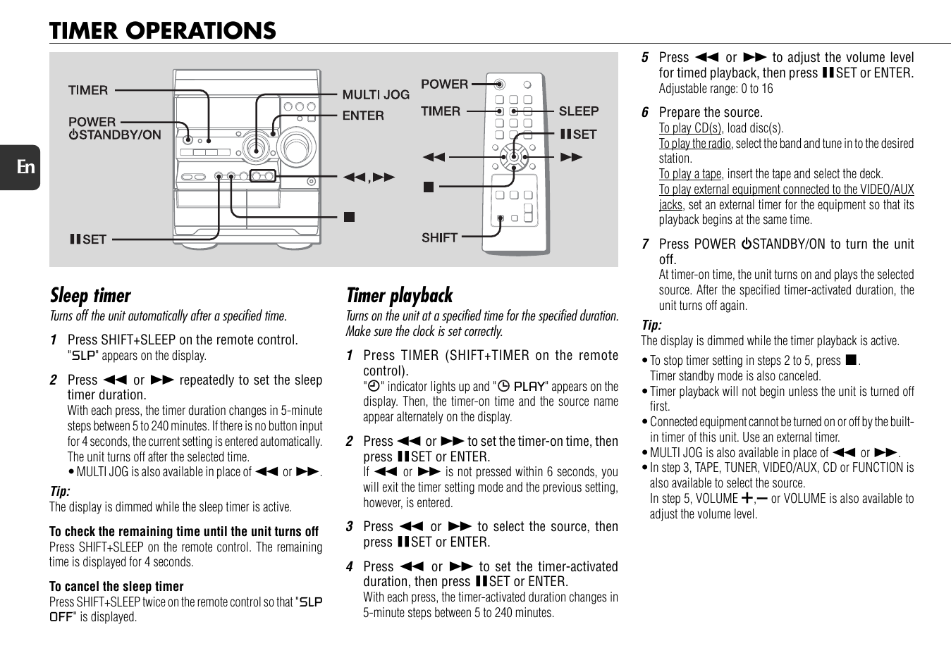 Timer operations, Sleep timer, Timer playback | 18 en | Aiwa NSX-D22 User Manual | Page 18 / 22
