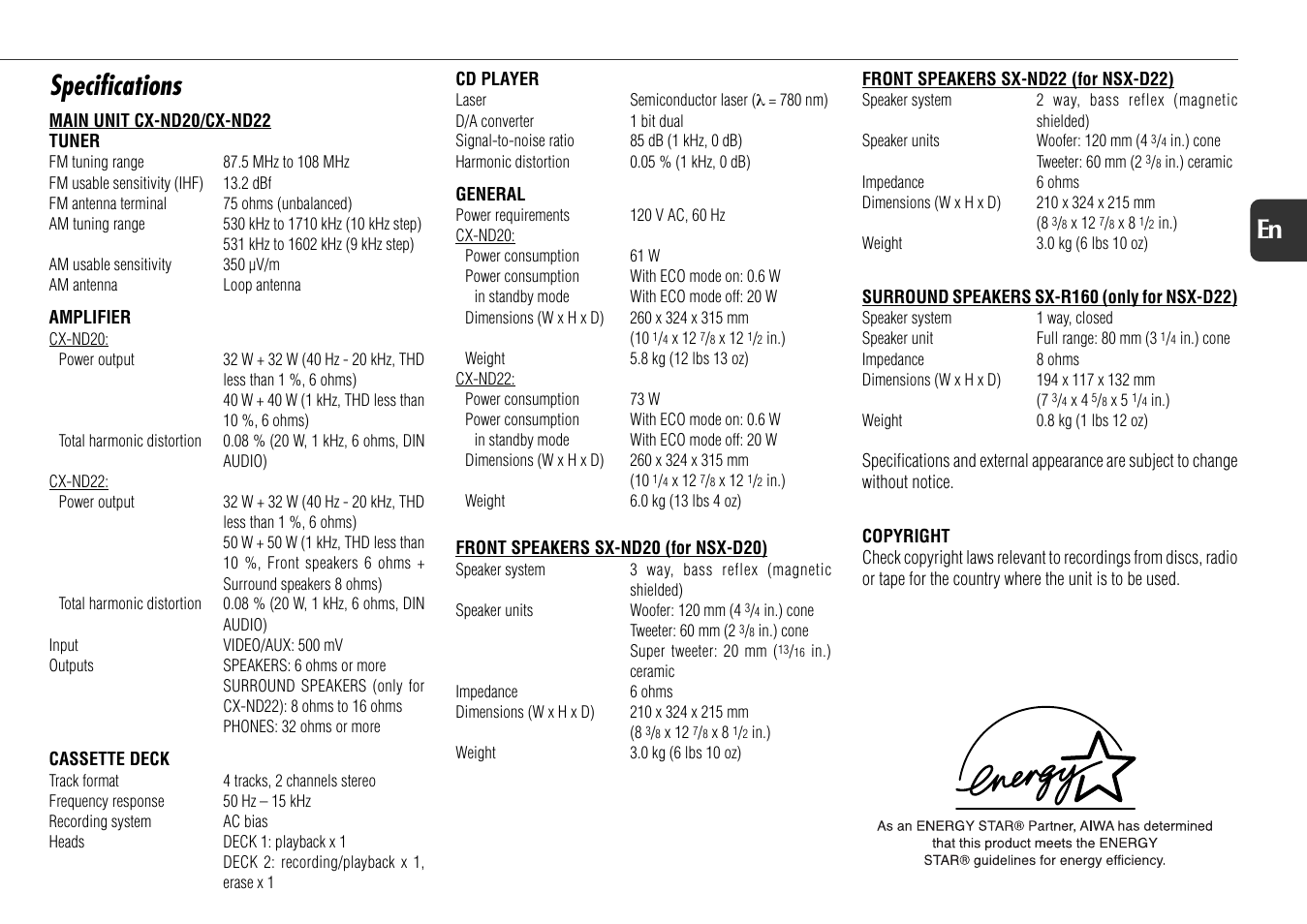 Specifications, 21 en | Aiwa NSX-D22 User Manual | Page 21 / 22