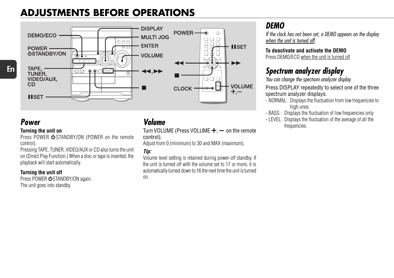 Adjustments before operations, Power, Demo | Spectrum analyzer display, Volume | Aiwa NSX-D22 User Manual | Page 8 / 22