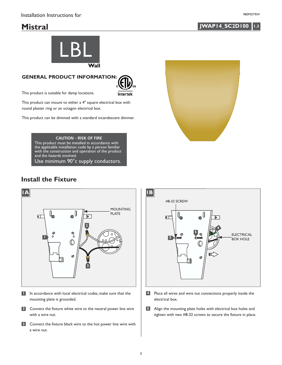LBL Lighting Mistral W User Manual | 2 pages