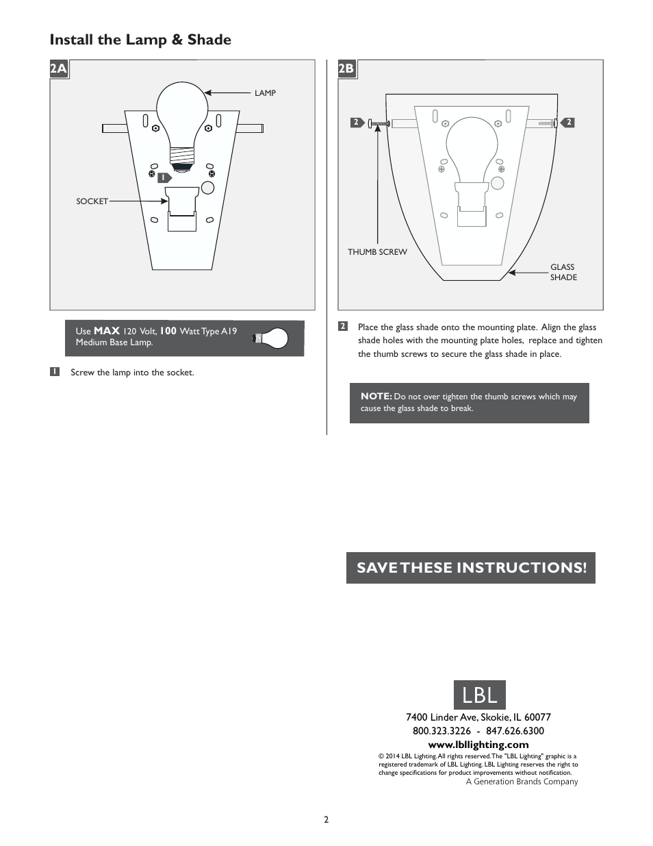 Install the lamp & shade, Save these instructions | LBL Lighting Mistral W User Manual | Page 2 / 2